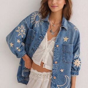 We The Free Blue Jean Jacket with Beige Embroidery